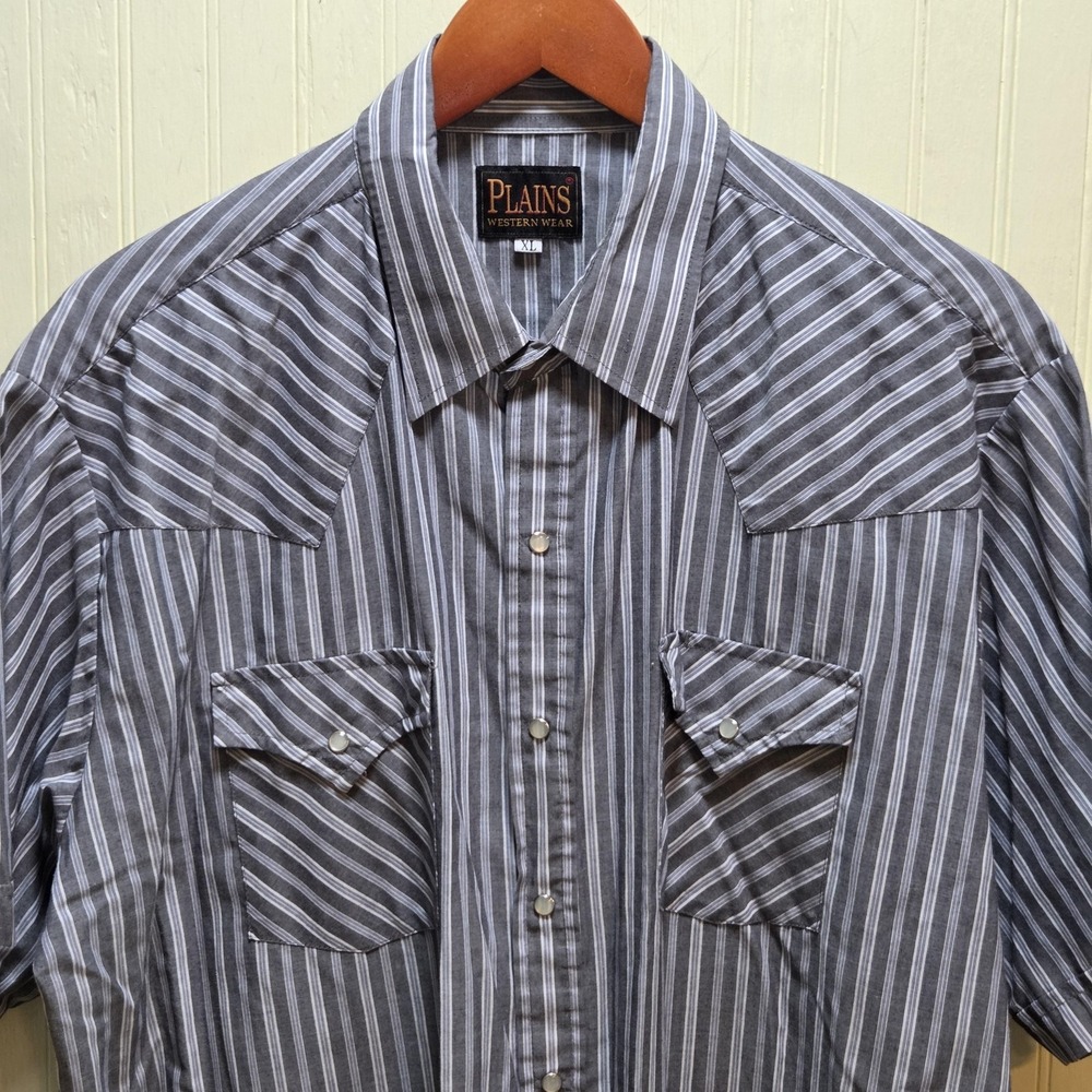 Plains Shirt Mens XL Gray Stripe Short Sleeve Western Snap Pockets Casual